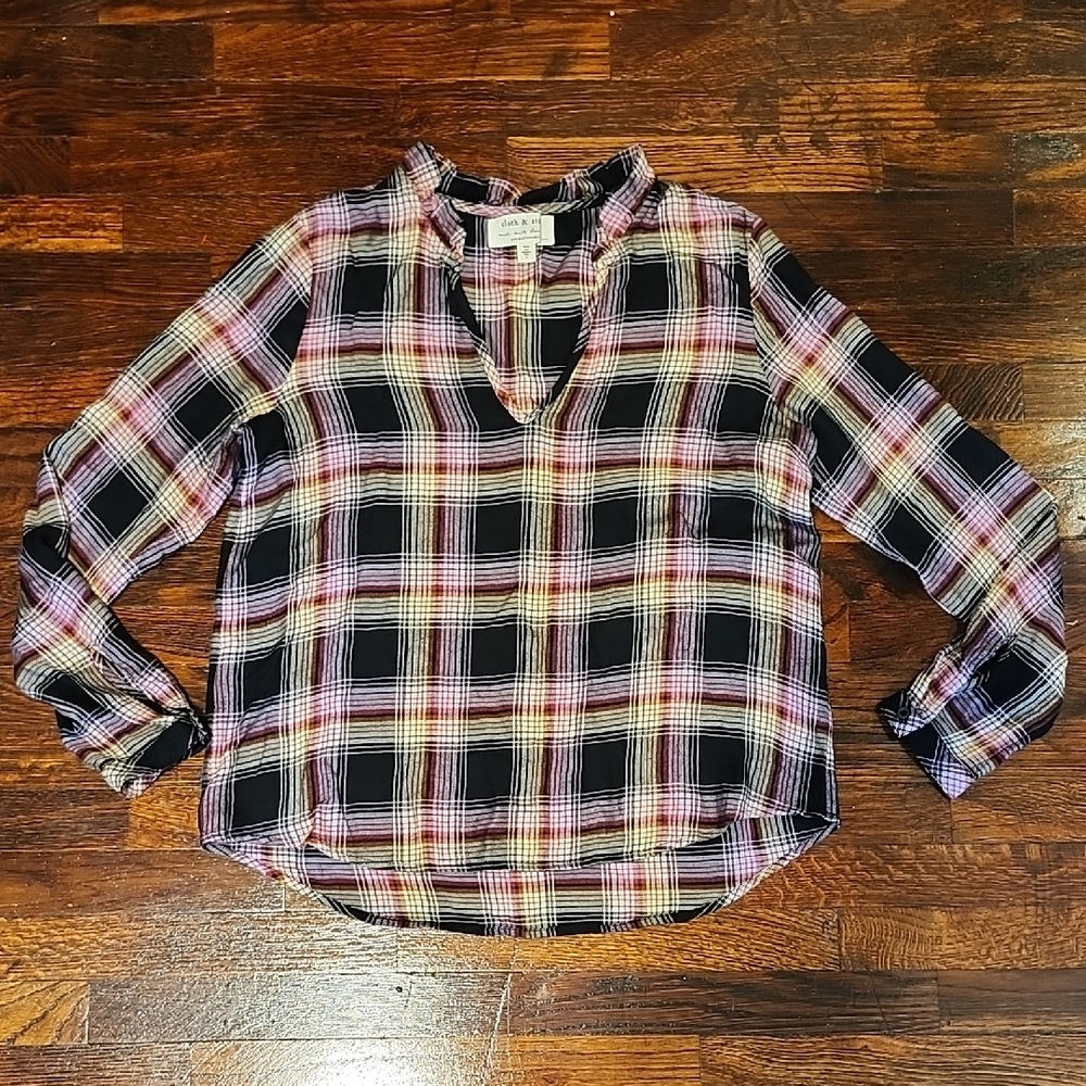 Anthropologie Cloth & Stone Relaxed Black and Pink and Yellow Plaid Blouse